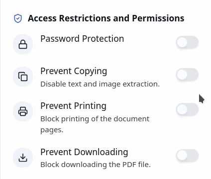 DRM controls panel showing options to restrict copying, printing, and downloading